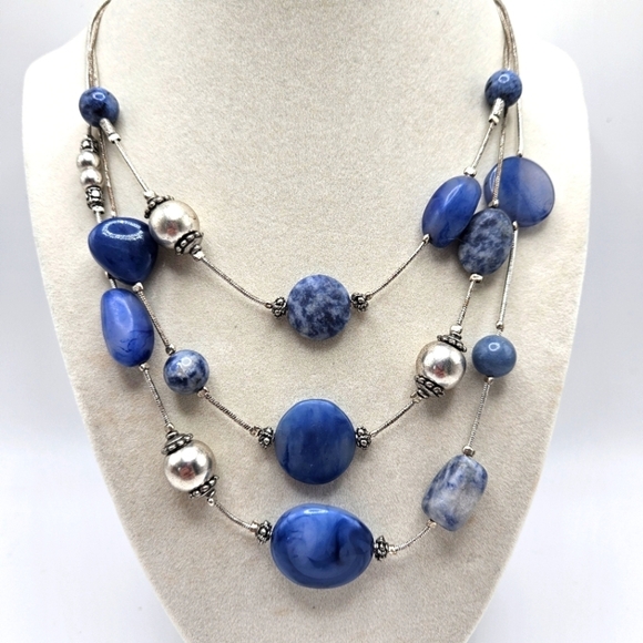 Chico's Gallica Blue Sodalite Stone Illusion Silver-Tone Multi-Strand Necklace - Picture 1 of 6